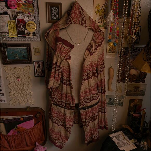 Y2K Striped Belted Sweater Cardigan Women's Large Pink Chevron Hooded Wool Blend - Picture 1 of 8